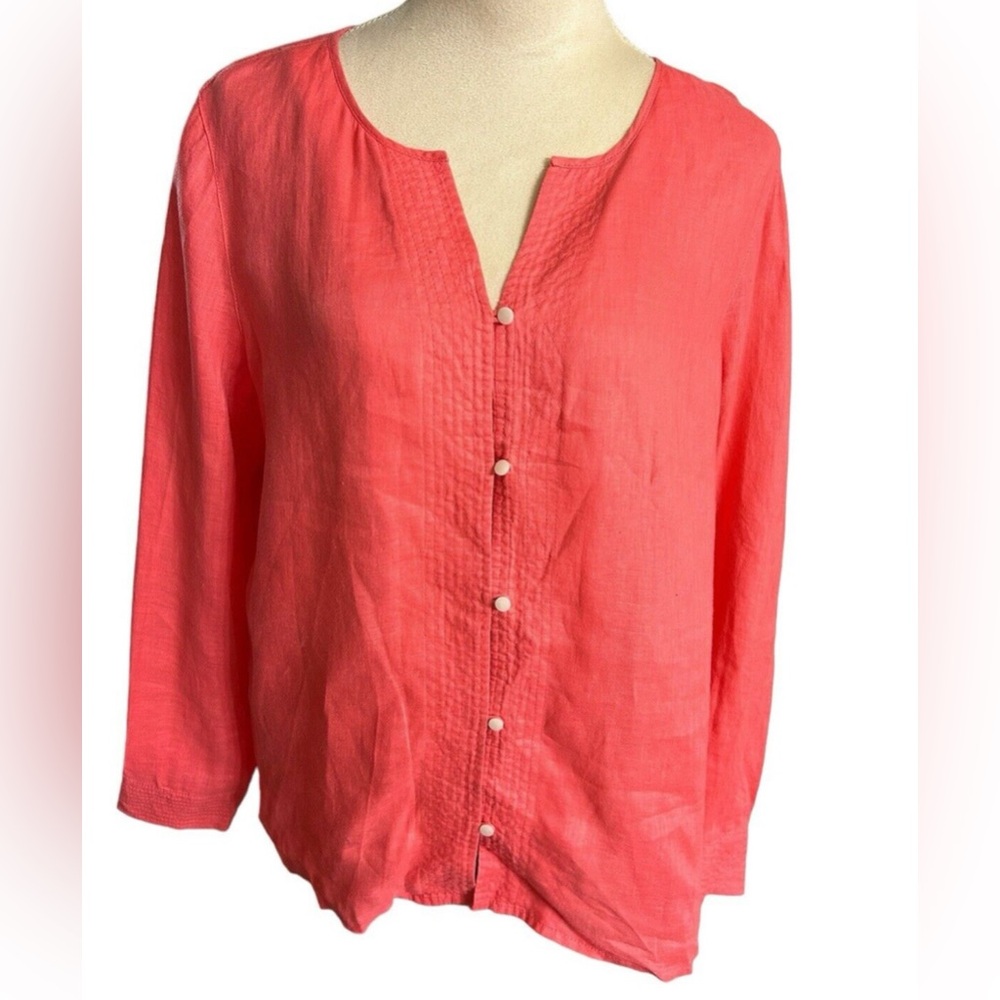 Liz Claiborne Coral Pink 3/4 Sleeve Buttoned 100% Linen Blouse Petite